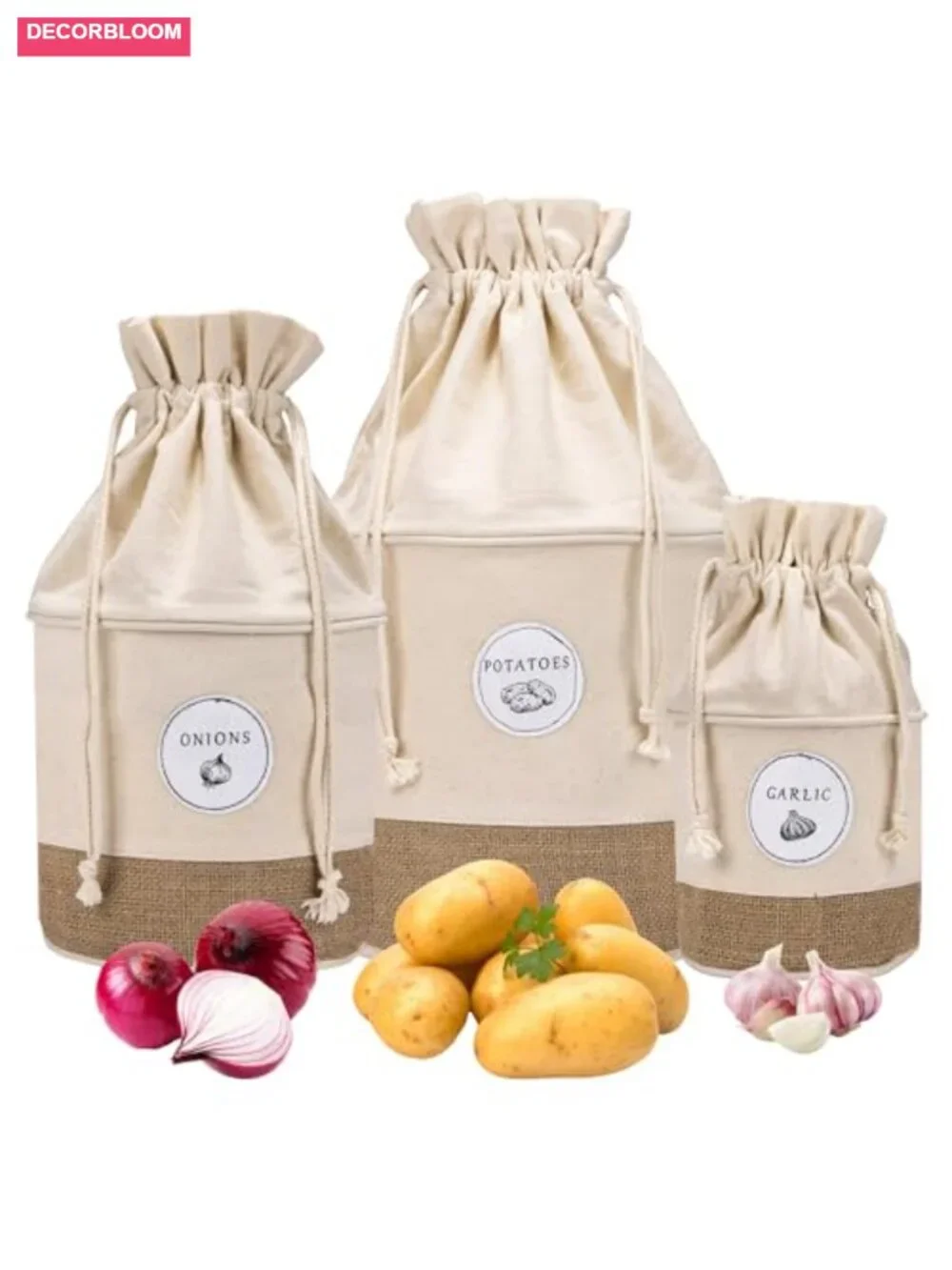 Farmhouse Vegetable Storage Baskets Set of 3 Jute Cotton Drawstring Bins